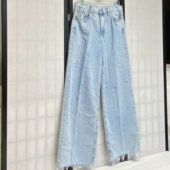 Forever 21 High Rise Gathered Yoke Stretch Faded Wide Baggy Raw Hem Jeans L Long - Picture 3 of 13